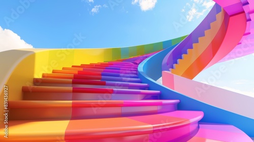 Wallpaper Mural A 3D art wallpaper featuring a vibrant rainbow-colored spiral staircase, with each step representing different aspects of the LGBTQ community. The staircase ascends into a bright, clear sky, with Torontodigital.ca