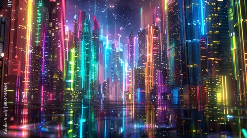 Wallpaper Mural A stunning 3D wallpaper depicting a futuristic cityscape lit up in rainbow colors, with sleek skyscrapers and holographic pride symbols projected into the sky. The scene is vibrant and energetic, Torontodigital.ca