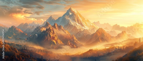 A majestic mountain range, bathed in golden sunlight, showcases the awe-inspiring beauty of nature photo