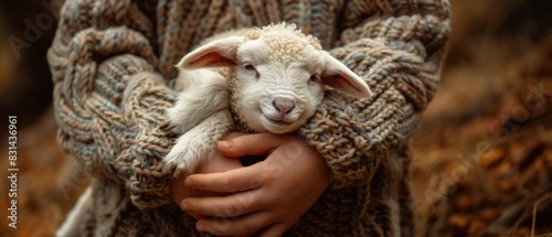 A pair of hands tenderly tend to a newborn lamb, the bond between human and animal immortalized in perfect detail photo