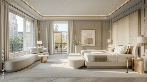 Bedroom with light gray walls  white sofa and headboard in naturalistic rendering style  beige fabric bench in the room  large floor lamp on each side and lamp above the bedside table.