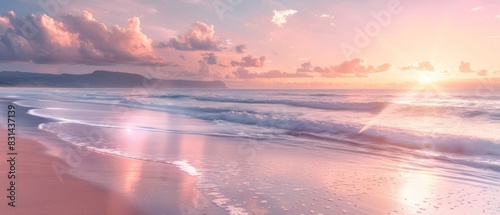 A serene, untouched beach at sunrise, the soft hues of dawn captured in breathtaking detail photo