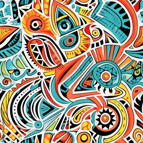 Seamless Pattern of Colorful Geometric Pattern with Traditional Tribe Motifs