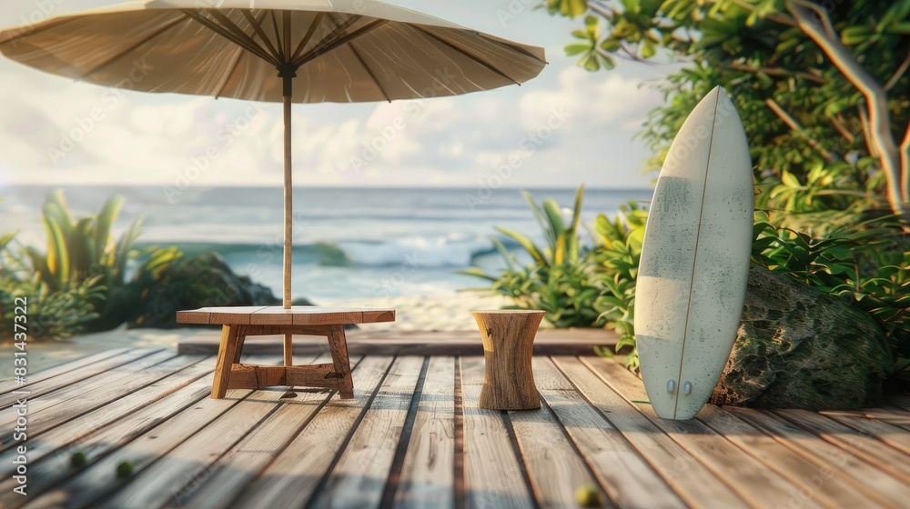 A modern beach house with a wooden deck, surfboards leaning against the wall and an umbrella. In the background is a sandy beach stretching into the distance under a clear blue sky. A modern beach house with a wooden deck, surfboards leaning against the wall and an umbrella. In the background is a sandy beach stretching into the distance under a clear blue sky.
