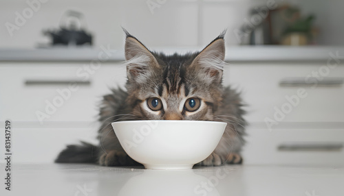 cat asks to eat from an empty bowl against the background of a w