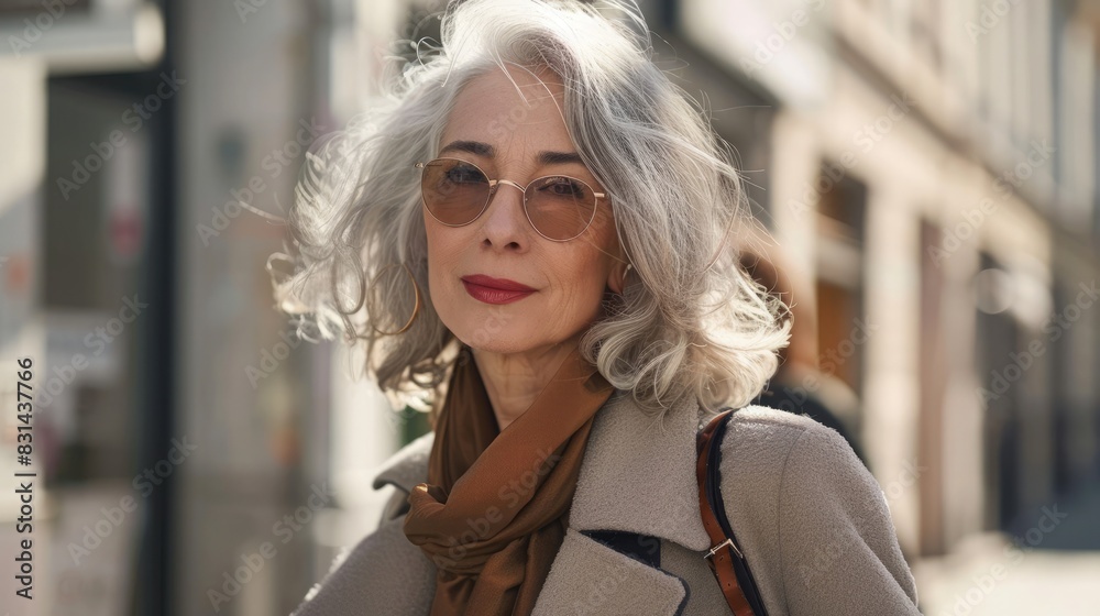 Elderly woman with gray hair in chic clothes, confidently walking down the street, embracing beauty and fashion Elderly woman with gray hair in chic clothes, confidently walking down the street, embracing beauty and fashion