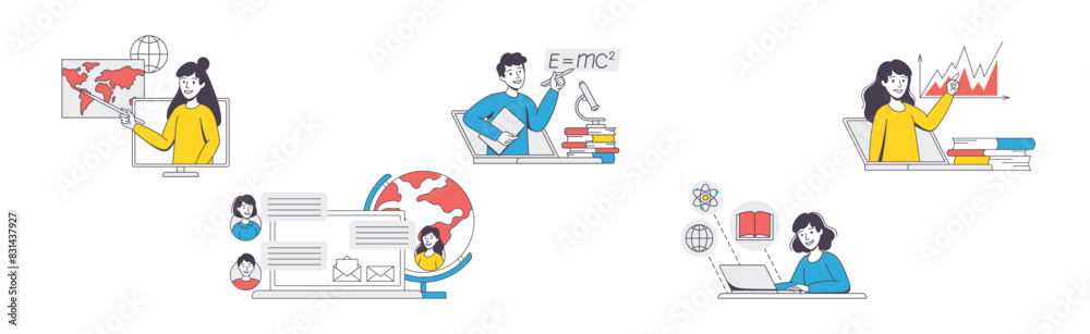 Online Learning with Man and Woman Student and Instructor Engaged in Virtual Classes Outline Vector Set Online Learning with Man and Woman Student and Instructor Engaged in Virtual Classes Outline Vector Set