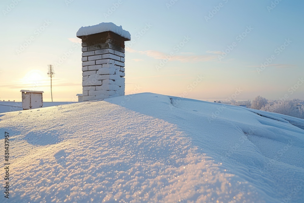 Fototapeta premium Flat Snow. Private House Chimney on Flat Roof Covered with Snow in Winter
