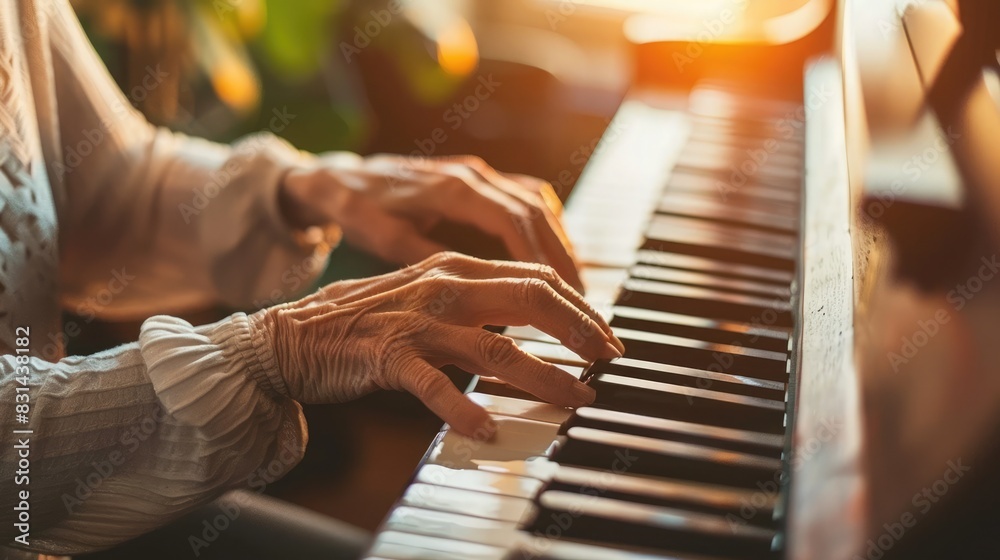 Senior woman playing piano, deeply immersed in music, exuding passion and fulfillment