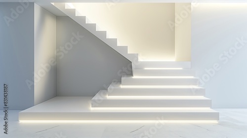 A minimalist staircase with a clean white design and subtle lighting