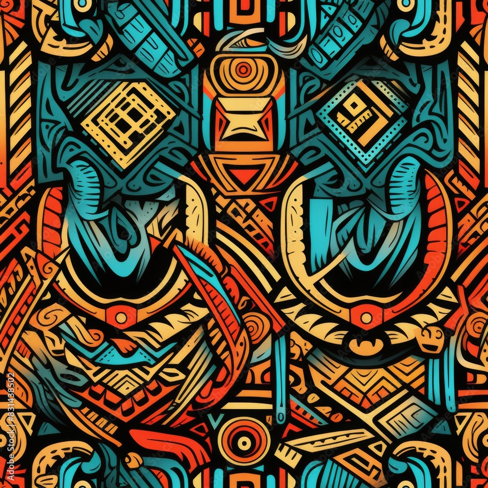 Fototapeta premium Seamless Pattern of Colorful Geometric Pattern with Traditional Tribe Motifs