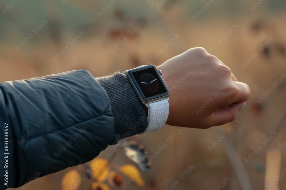Close-Up of a Hand Wearing a Smartwatch for Health and Fitness Monitoring