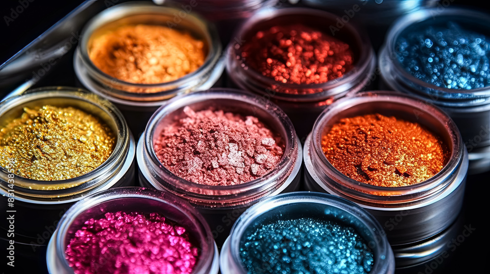 A collection of makeup products, including eyeshadow, are displayed on a table. A collection of makeup products, including eyeshadow, are displayed on a table.
