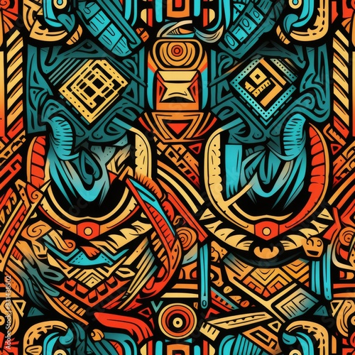 Seamless Pattern of Colorful Geometric Pattern with Traditional Tribe Motifs