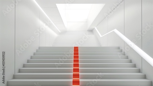A minimalist staircase with a sleek  all-white design and a single  bold red stripe down the center