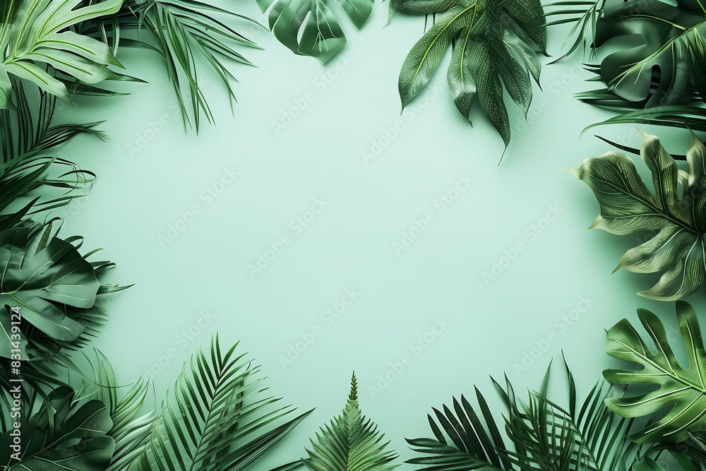 Tropical plants and leaves frame a pastel green background with copy space for text. A flat lay, top view creative layout Tropical plants and leaves frame a pastel green background with copy space for text. A flat lay, top view creative layout