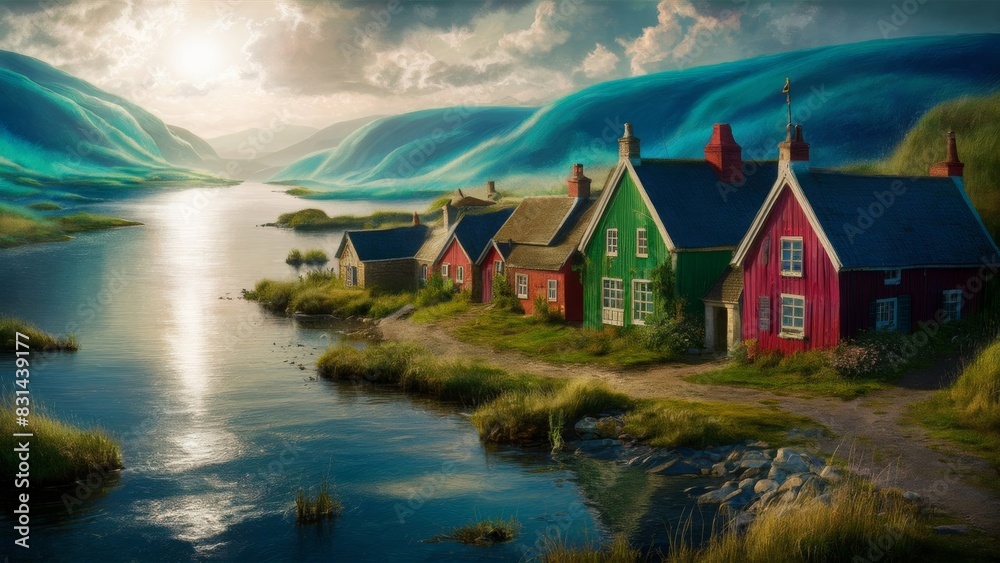 Fototapeta premium A coastal village surrounded by bright blue hills that stretch along. Charming cottages in red, green and blue tones are comfortably located in the middle of a serene landscape.