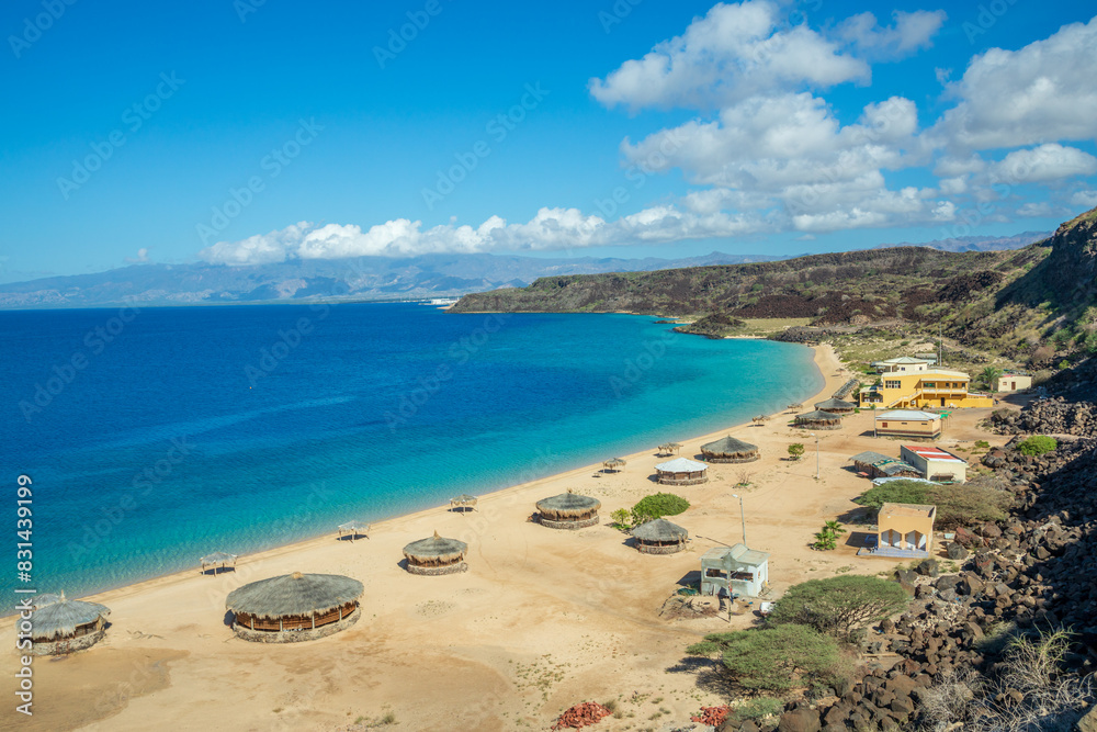 Sable Blanc sand beach with straw huts and turquoise sea, Tajourah region, Djibouti, Horn of Africa Sable Blanc sand beach with straw huts and turquoise sea, Tajourah region, Djibouti, Horn of Africa