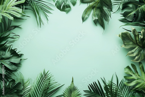 Tropical plants and leaves frame a pastel green background with copy space for text. A flat lay  top view creative layout 