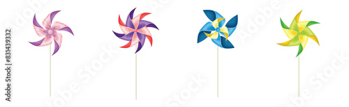 Colorful Pinwheel Toy with Paper Curl Attached to Stick Vector Set