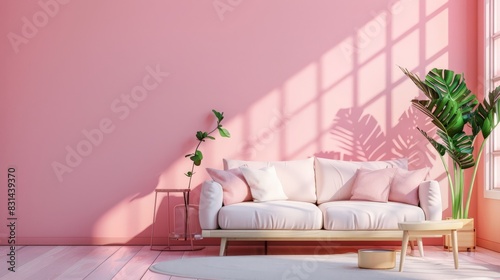 Bright and cozy living room with pink decor and natural light. Modern interior design ideal for real estate  property market  and home buying themes.