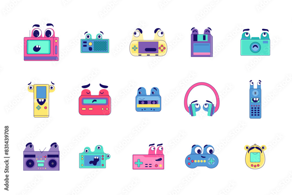 Cartoon Color Retro Gadget Mascots Icons Set Concept Flat Design Style Include of Joystick and Phone. Vector illustration Cartoon Color Retro Gadget Mascots Icons Set Concept Flat Design Style Include of Joystick and Phone. Vector illustration