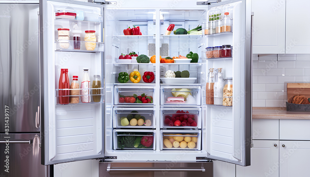 large open refrigerator filled with food in white kitchen large open refrigerator filled with food in white kitchen