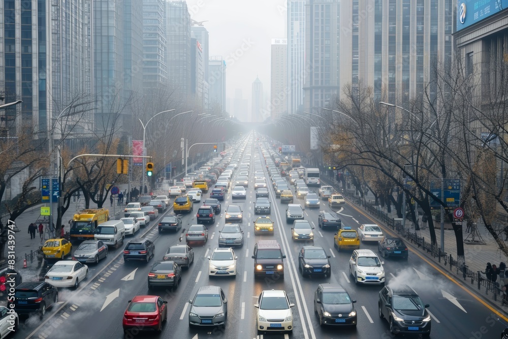 Dense Traffic on Urban City Street with Smog and Air Pollution - Reflections on Environmental Issues Dense Traffic on Urban City Street with Smog and Air Pollution - Reflections on Environmental Issues