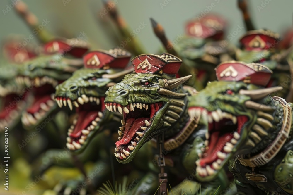 Fototapeta premium Detailed miniature reptilian soldiers poised for combat in a tabletop game scenario