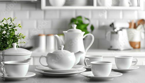 tea set of dishes on the kitchen table against the background of