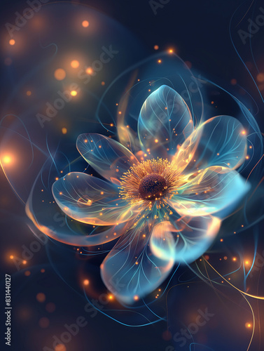 A flower with a yellow center and blue petals. Transparent neon flower on a dark background