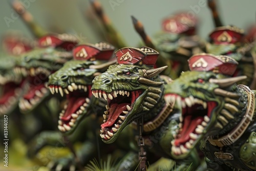 Detailed miniature reptilian soldiers poised for combat in a tabletop game scenario © anatolir