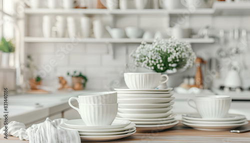 tea set of dishes on the kitchen table against the background of