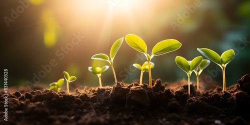 Nurturing sustainable business growth like cultivating seedlings in fertile soil and sunlight. Concept Sustainable Business, Growth Strategies, Cultivating Success, Fertile Ground photo
