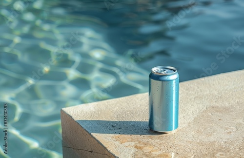 A top view of an unbranded silver energy drink can on the edge of swimming pool, pool water is visible in background, product photography, bright and airy summer scene