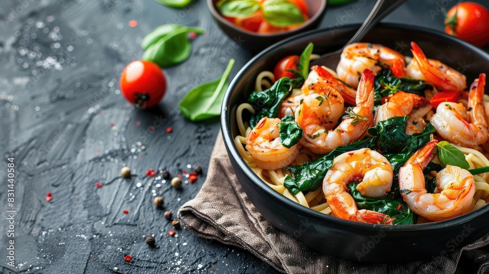 Shrimp and Spinach Noodles with Tomatoes Homemade Seafood Dish Empty Space for Text