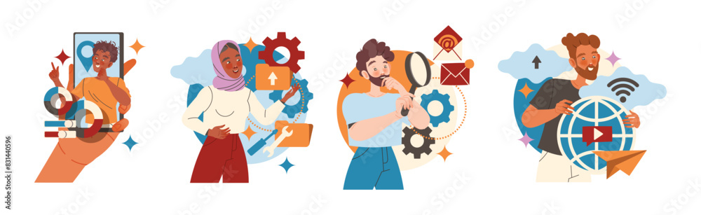 People Character Working with Information Analyzing and Browsing Data Vector Illustration Set People Character Working with Information Analyzing and Browsing Data Vector Illustration Set