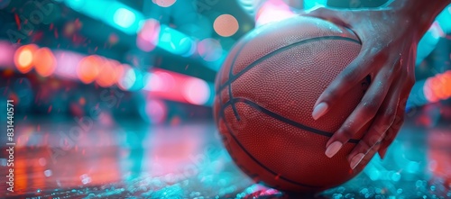 Get up close with the action as a hand grips a basketball on a vibrant neonlit court
