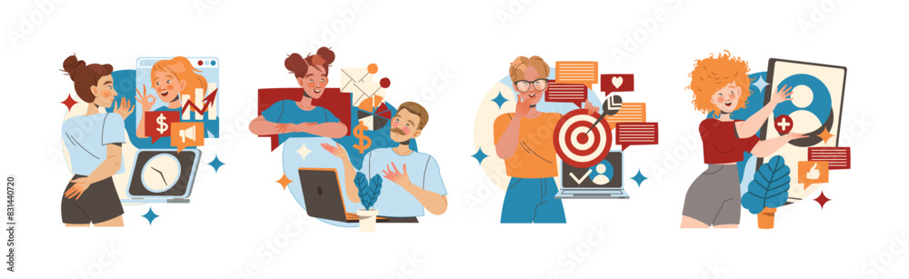 People Character Working with Information Analyzing and Browsing Data Vector Illustration Set People Character Working with Information Analyzing and Browsing Data Vector Illustration Set