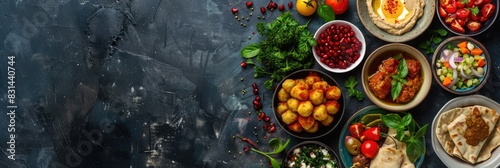 Arabic Food. Assorted Middle Eastern Dishes with Hummus, Tabbouleh, and More on Dark Rustic Background photo