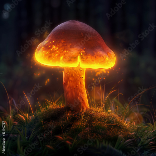 A mushroom is lit up with a bright orange glow © siaminka