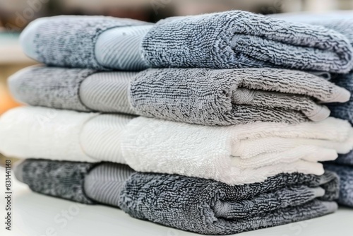 Stack of soft towels in various colors and textures  neatly arranged  creating a cozy and inviting atmosphere  ideal for a spa or bathroom setting