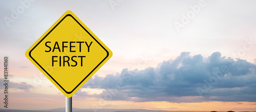 Safety first symbols, work safety, caution work hazards, danger surveillance, zero accident concept. Wooden cubes with smart grey background. Employees safety awareness at workplace. Safety banner.