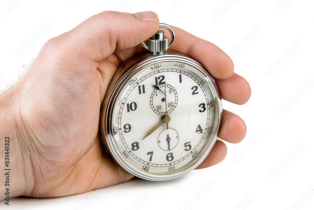 Stopwatch: Close-up of Hand Holding Timer on White Background for Precision Stopwatch: Close-up of Hand Holding Timer on White Background for Precision