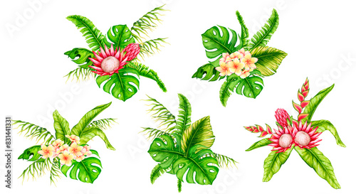 Set of bouquets of tropical leaves and flowers. Watercolor composition. Realistic botanical illustration. Design for invitations, posters, cards, greeting cards, stationery, fabric printing, etc..