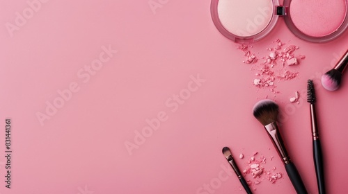 Makeup Top View. Professional Set of Decorative Cosmetics and Tools on Colorful Background for Fashion Beauty Concept