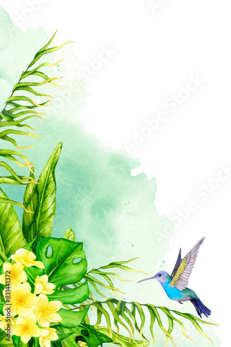 Frame of tropical leaves, frangipani flowers and hummingbirds. Watercolor botanical illustration. Flower composition. Design for invitations, posters, cards, greeting cards, fabric printing, etc.