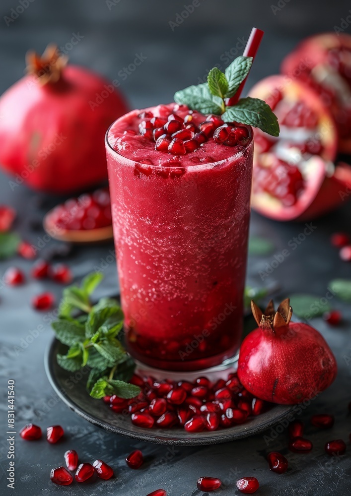Pomegranate Smoothie - Red with pomegranate seeds and a sprig of mint. Pomegranate Smoothie - Red with pomegranate seeds and a sprig of mint.