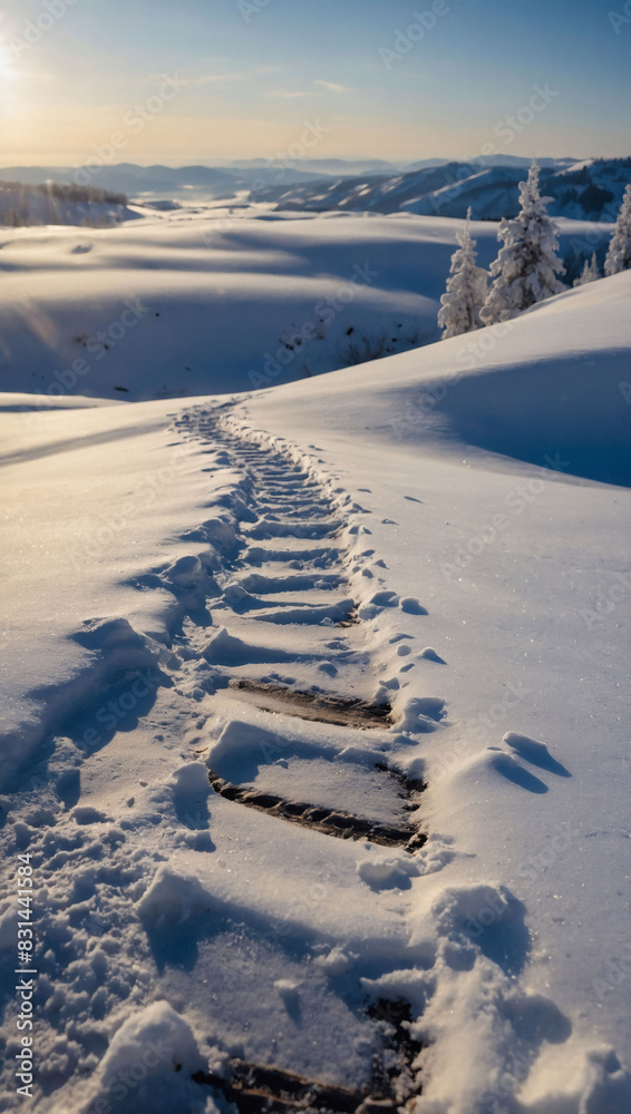 Journey through the snowy landscape marked by footprints from snow boots, creating a picturesque scene of winter exploration. Journey through the snowy landscape marked by footprints from snow boots, creating a picturesque scene of winter exploration.