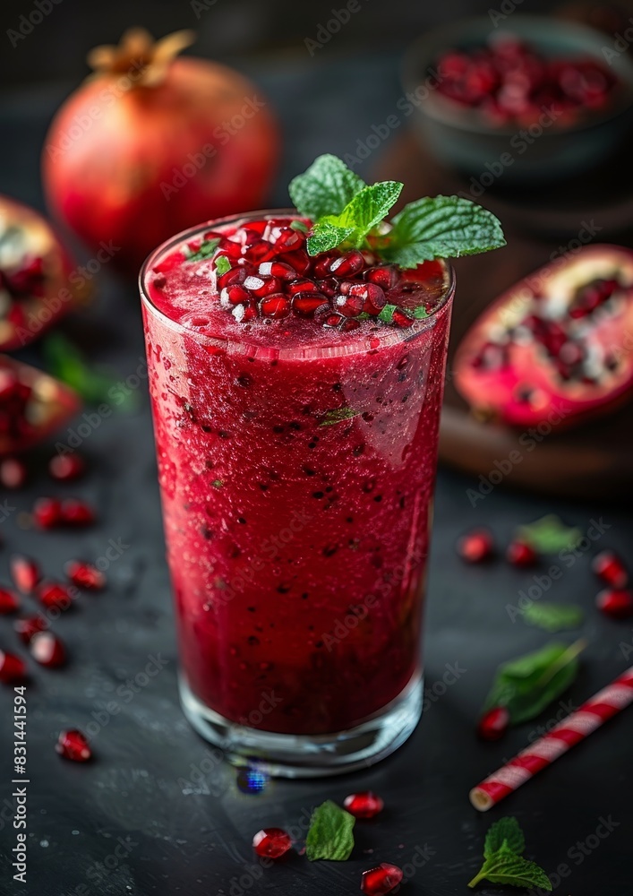 Pomegranate Smoothie - Red with pomegranate seeds and a sprig of mint. Pomegranate Smoothie - Red with pomegranate seeds and a sprig of mint.